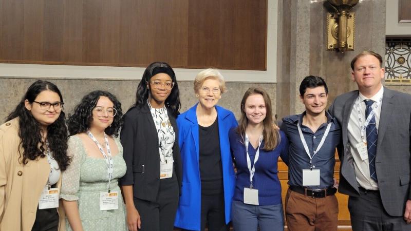 QCC Student Trustee Maria Mikhaeil (left) with Senator Elizabeth Warren (center) and other student representatives