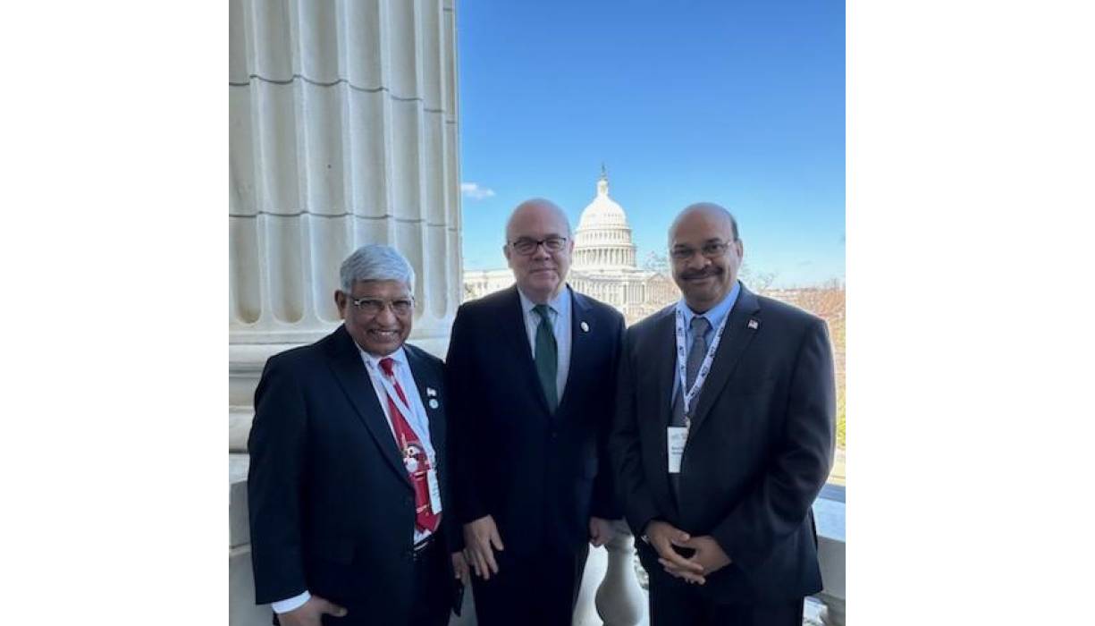 (From left) QCC Trustee Dr. Satya Mitra, Congressman James McGovern and QCC Trustee Dr. Barur Rajeshkumar