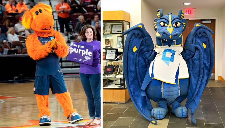 From left: Connecticut Sun WNBA mascot, Blaze looks forward to meeting the QCC Wyvern.