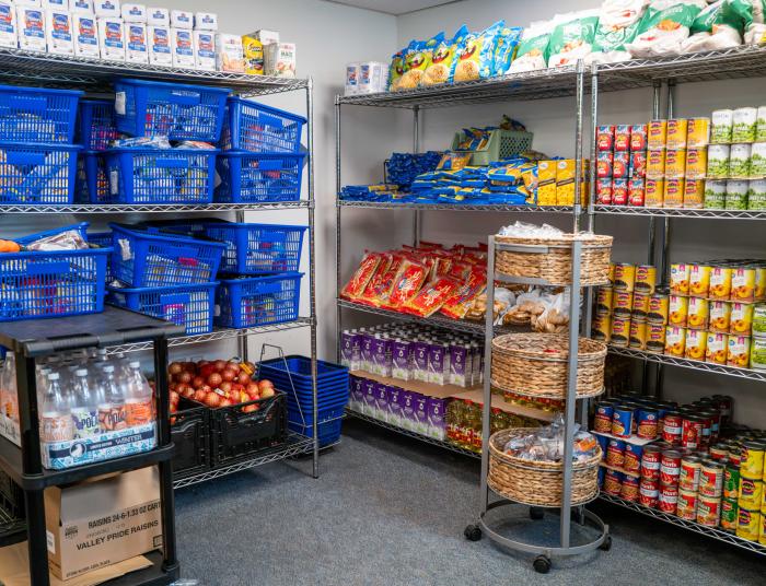 Various shopping baskets and food items on shelves in the pantry