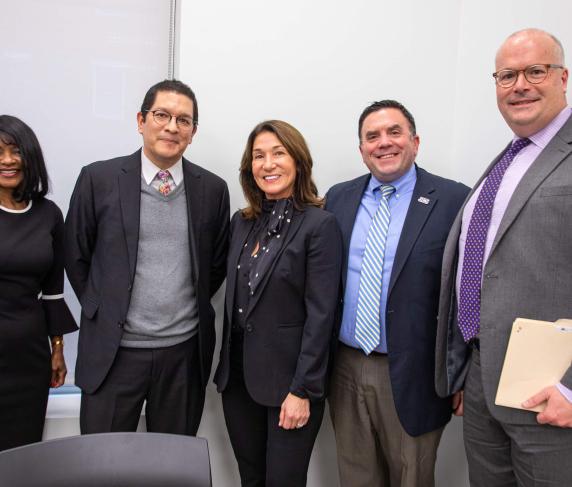 From left: Senior Deputy Commissioner for Access & Student Financial Assistance Clantha McCurdy, Department of Higher Education Commissioner Noe Ortega, Lt. Gov. Karyn Polito, Interim Chair of QCC Board of Trustees Alex Zequeira and QCC VP of Academic Affairs Dr. James Keane