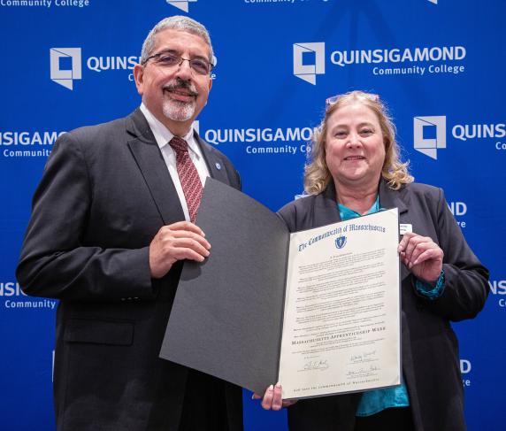 QCC President Dr. Luis Pedraja (left) and Dean of Center for Workforce Development & Continuing Education Kathie Manning