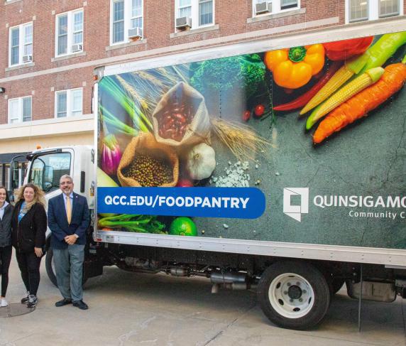 Manager for Student Resources Bonnie Coleman, Food Pantry Staff Julia Rooney, Food Pantry Staff Cheryl Marrino and President Dr. Luis Pedraja