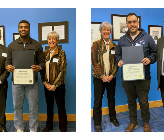 (left photo, from left) QCC President Dr. Luis Pedraja, Ifeanyi Nwachukwu and Kathy Rentsch, (right photo) Andrew Jubinville