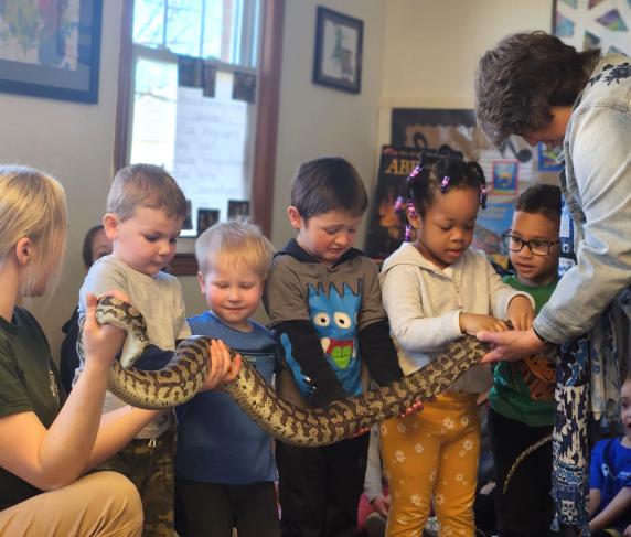 Students get to pet a kinkajou (left) and an alligator.