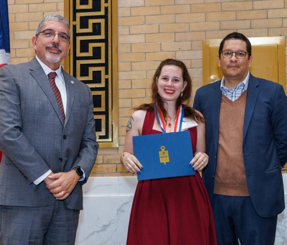 (From left) QCC President Dr. Luis Pedraja, student  , and Massachusetts Commissioner of Higher Education Dr. Noe Ortega
