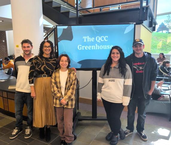 (From left) Assistant to the Program Coordinator for PTK & SSMC Matthew Vitolo, Professor of Environmental/Physical Science Anita Soracco, student, PTK Coordinator Lizette Reid and student