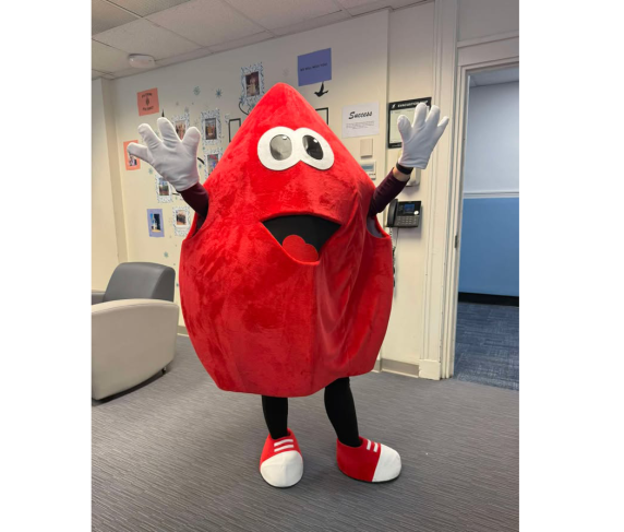 Captain Hemoglobin made a special appearance at QCC's blood drive.