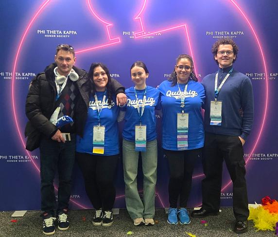 (From left) Assistant to the Program Coordinator for PTK Matthew Vitolo, Program Coordinator for PTK Lizette Reid, and PTK officers Allison Castaneda, SantaMaria Sessarego and Eli Tripp