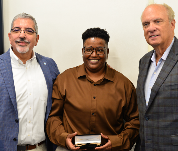(From left) QCC President Dr. Luis Pedraja, Director of the Auxilium Center for Entrepreneurship at QCC Rocky Knight and Mayor Joseph Petty