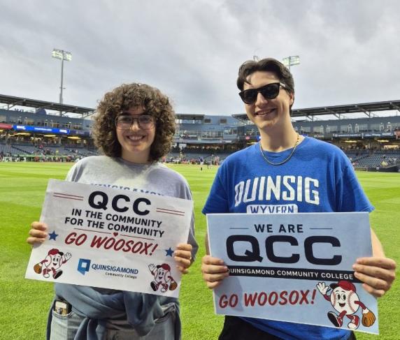 QCC students Maya Henry (left) and Robert Osimo at the WooSox Community College Night.