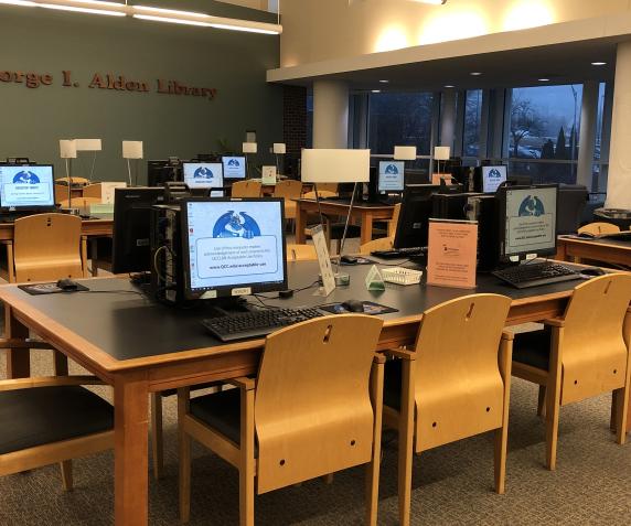 The Alden Library’s work area with computers and desks