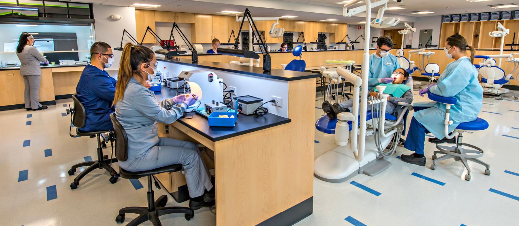 Various students practice techniques in a dental lab