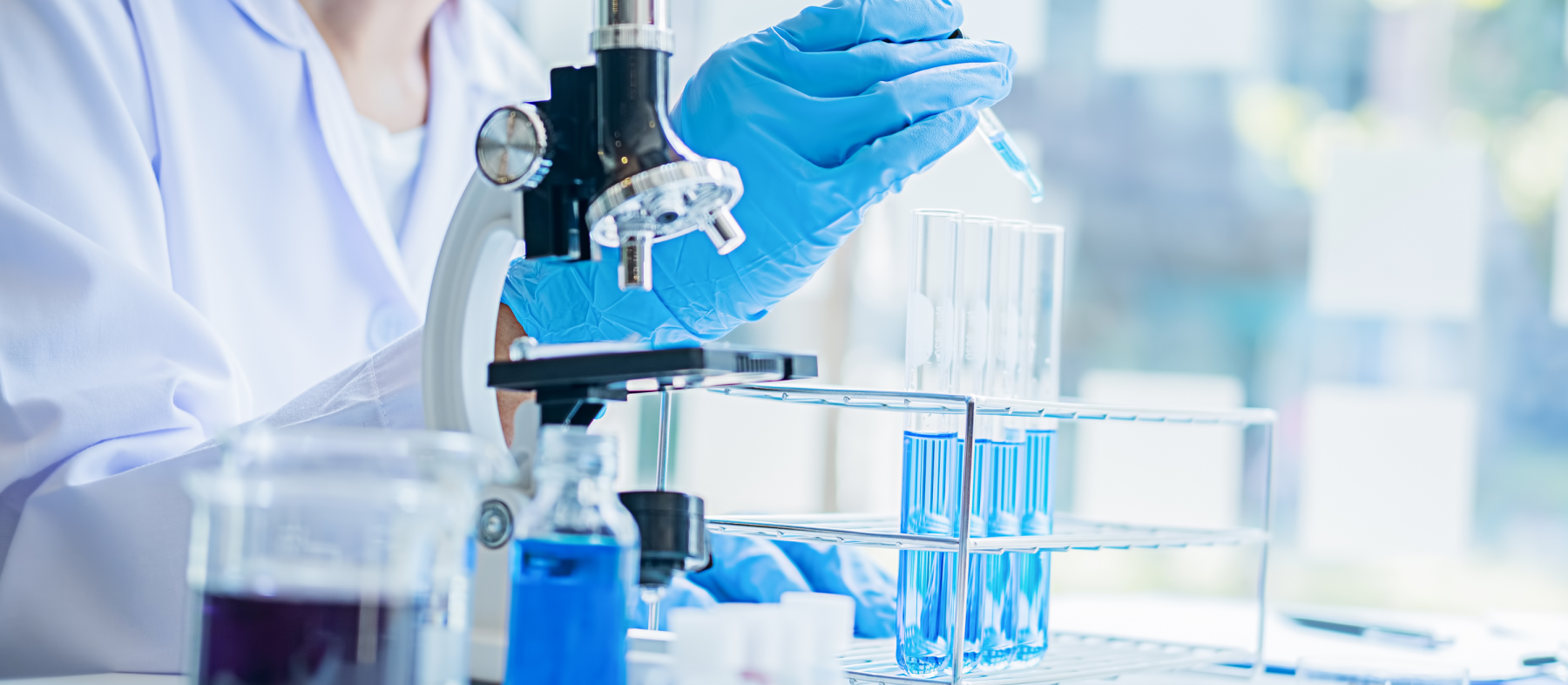 A biology lab table with various equipment