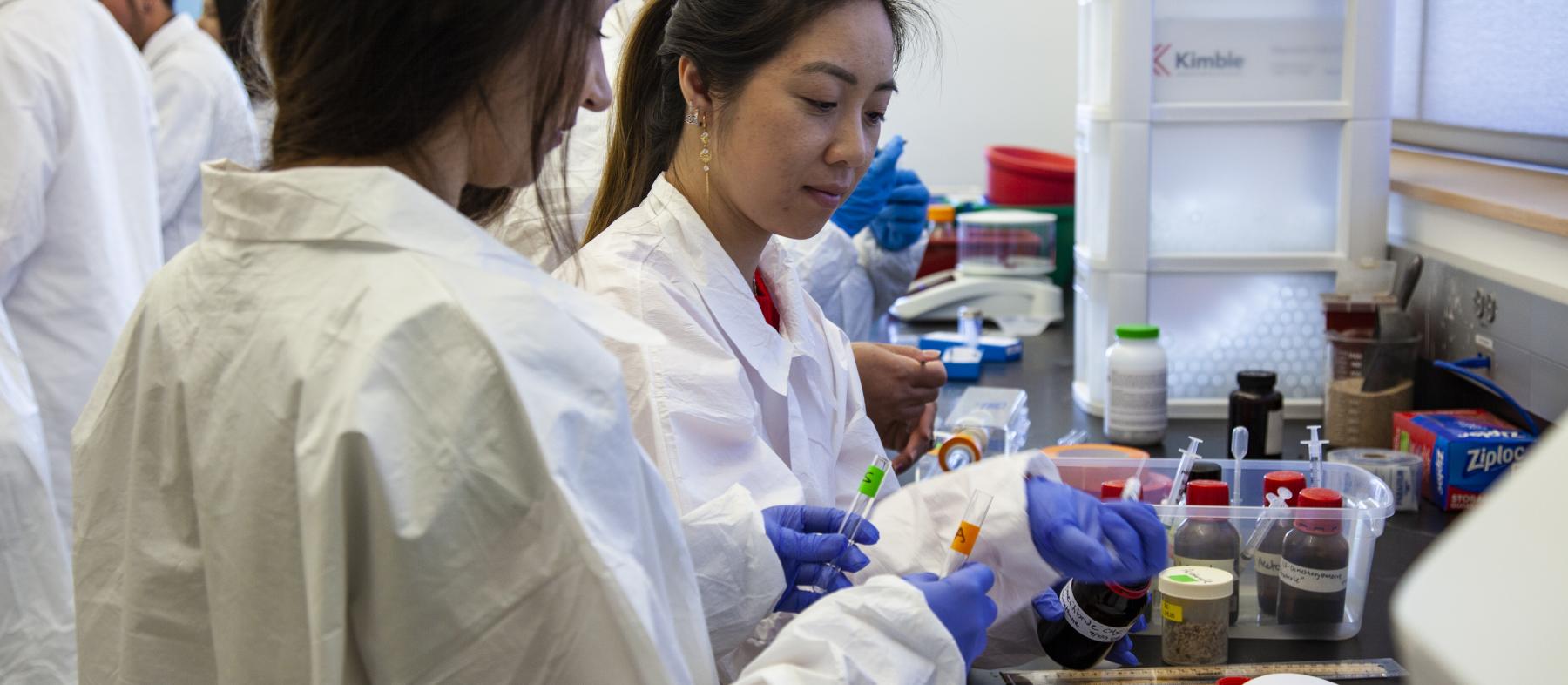 QCC students sort instruments in a chemistry lab