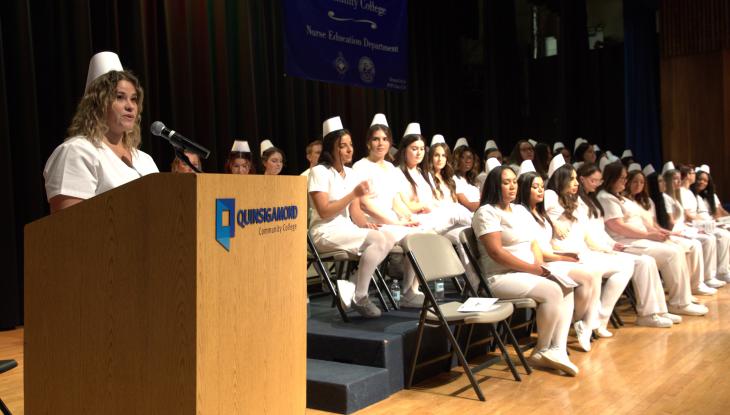 Class president of the Day Nurse Education Program Priscilla Araujo speaks during December's pinning ceremony