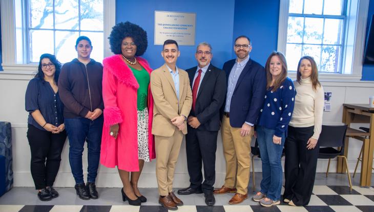 (From left) Coordinator of PTK Lizette Reid, student Karma Perez, President of the Alumni Association Suzanne Graham Anderson, President of the QCC Foundation Jorgo Gushi, QCC President Dr. Luis Pedraja, QCC Foundation Board Member Jared Madison, Esq., QCC Foundation Clerk/Secretary Diane Giampa and QCC Foundation Board Member Linda Cammuso