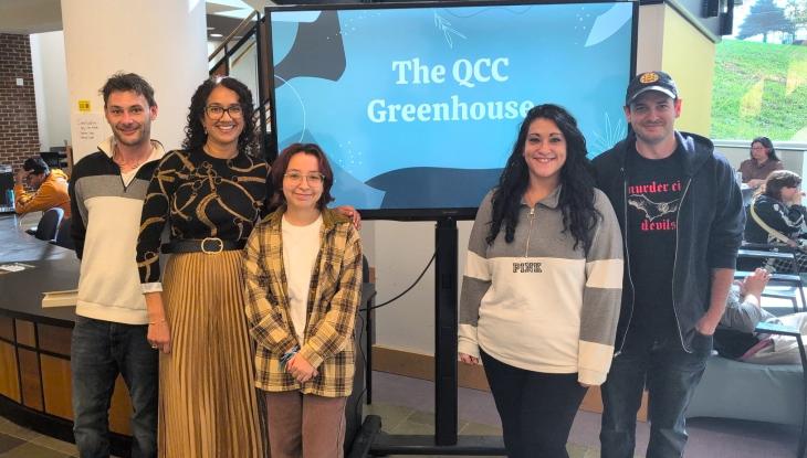 (From left) Assistant to the Program Coordinator for PTK & SSMC Matthew Vitolo, Professor of Environmental/Physical Science Anita Soracco, Environmental Science student Morisson Bonilla, PTK Coordinator Lizette Reid and Environmental Science student Joe Vaudreuil