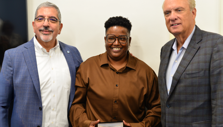 (From left) QCC President Dr. Luis Pedraja, Director of the Auxilium Center for Entrepreneurship at QCC Rocky Knight and Mayor Joseph Petty