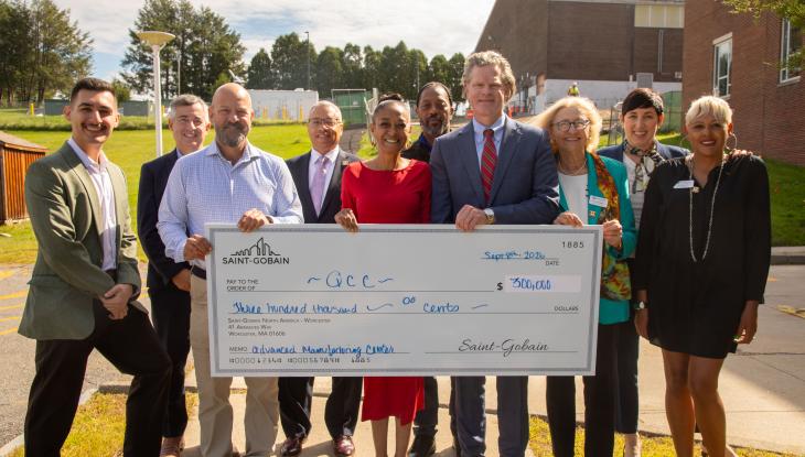 (From left) Jorgo Gushi, President, QCC Foundation; Sean Nelson, Interim VP of Finance & Administration; Lee Duerden, Prof. of Manufacturing Technology; Dennis Dean, Dean of Computing & Applied Technologies; Melanie Bonsu, Community Engagement Manager, Saint-Gobain; Sean Harris, Director of Community Engagement; Pat Baliva, VP of Sales, Saint-Gobain; Dr. Linda Maykel, Chair, QCC Board of Trustees; Deb Spotts, Chief Advancement Officer/Exec. Director of Development; and Mari Gonzalez, QCC Board of Trustees