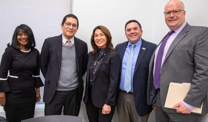 From left: Senior Deputy Commissioner for Access & Student Financial Assistance Clantha McCurdy, Department of Higher Education Commissioner Noe Ortega, Lt. Gov. Karyn Polito, Interim Chair of QCC Board of Trustees Alex Zequeira and QCC VP of Academic Affairs Dr. James Keane From left: Senior Deputy Commissioner for Access & Student Financial Assistance Clantha McCurdy, Department of Higher Education Commissioner Noe Ortega, Lt. Gov. Karyn Polito, Interim Chair of QCC Board of Trustees Alex Zequeira and QCC VP of Academic Affairs Dr. James Keane