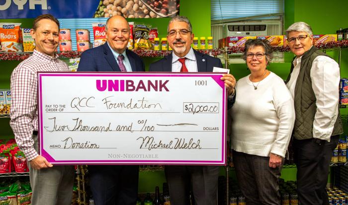 From left: QCC Foundation President Matthew E. Wally, vice president of Government & Community Affairs, UniBank; Unibank CEO Michael W. Welch; QCC President Luis G. Pedraja, Student Resources Manager Bonnie Coleman and Dean of Students Theresa Vecchio. From left: QCC Foundation President Matthew E. Wally, vice president of Government & Community Affairs, UniBank; Unibank CEO Michael W. Welch; QCC President Luis G. Pedraja, Student Resources Manager Bonnie Coleman and Dean of Students Theresa Vecchio.