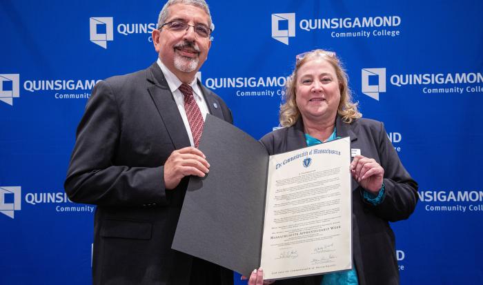 QCC President Dr. Luis Pedraja (left) and Dean of Center for Workforce Development & Continuing Education Kathie Manning QCC President Dr. Luis Pedraja (left) and Dean of Center for Workforce Development & Continuing Education Kathie Manning