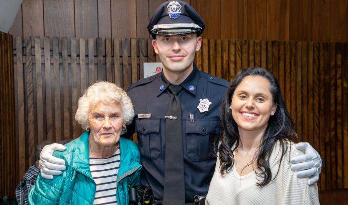 QCC Police Officer Derek Mendes with his grandmother Lani Carroll (left) and sister Elizabeth Mendes QCC Police Officer Derek Mendes with his grandmother Lani Carroll (left) and sister Elizabeth Mendes