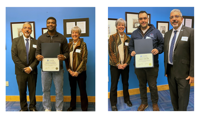 (left photo, from left) QCC President Dr. Luis Pedraja, Ifeanyi Nwachukwu and Kathy Rentsch, (right photo) Andrew Jubinville (left photo, from left) QCC President Dr. Luis Pedraja, Ifeanyi Nwachukwu and Kathy Rentsch, (right photo) Andrew Jubinville
