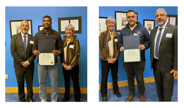 (left photo, from left) QCC President Dr. Luis Pedraja, Ifeanyi Nwachukwu and Kathy Rentsch, (right photo) Andrew Jubinville