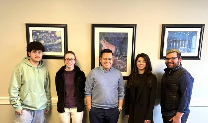 From left: Mohamed Kanafani, Anna Kessler, Professor Eduardo Rivas, Elizabeth Coffey and Nahum Echevarria From left: Mohamed Kanafani, Anna Kessler, Professor Eduardo Rivas, Elizabeth Coffey and Nahum Echevarria