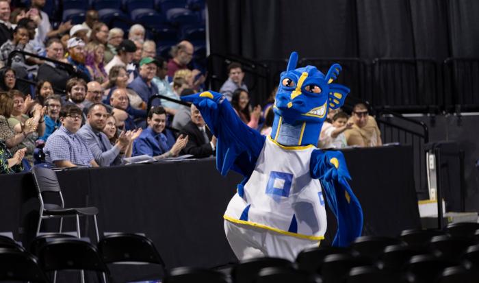 The Wyvern pumps up the crowd at QCC's 2024 commencement ceremony The Wyvern pumps up the crowd at QCC's 2024 commencement ceremony