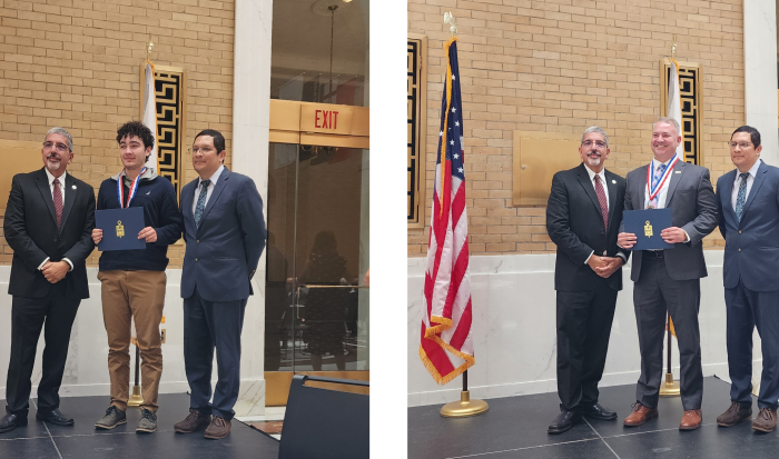 Quint Kunar-Hallas and Jon Sawyer with QCC President Dr. Luis Pedraja (left) and Mass. DHE Commissioner Noe Ortega (right) Quint Kunar-Hallas and Jon Sawyer with QCC President Dr. Luis Pedraja (left) and Mass. DHE Commissioner Noe Ortega (right)
