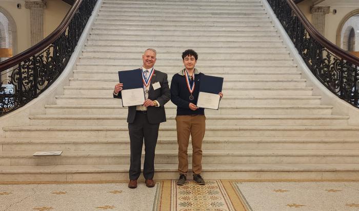 Jon Sawyer (left) and Quint Kunar-Hallas at the Massachusetts State House Jon Sawyer (left) and Quint Kunar-Hallas at the Massachusetts State House
