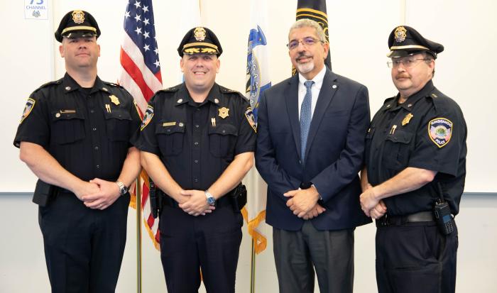 (from left) Deputy Chief of Operations Mike Vigeant, Chief of Police Stephen DiGiovanni, QCC President Dr. Luis Pedraja and Deputy Chief of Administration Reynaldo Rodriguez (from left) Deputy Chief of Operations Mike Vigeant, Chief of Police Stephen DiGiovanni, QCC President Dr. Luis Pedraja and Deputy Chief of Administration Reynaldo Rodriguez