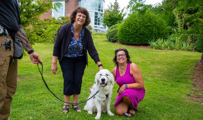 Administrative Assistant for the School of Public Service & Social Sciences Pam Reindeau (left) and Administrative Secretary for School of Math & Science Michelle Sheehan with Siggy Administrative Assistant for the School of Public Service & Social Sciences Pam Reindeau (left) and Administrative Secretary for School of Math & Science Michelle Sheehan with Siggy