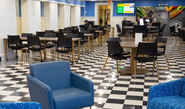 Fresh paint and brand new furniture gives the student cafeteria in the Administration Building a new feel. Fresh paint and brand new furniture gives the student cafeteria in the Administration Building a new feel.