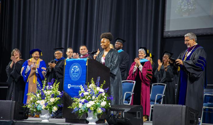 QCC student Ashley Lester sang the national anthem at the 2024 commencement ceremony. QCC student Ashley Lester sang the national anthem at the 2024 commencement ceremony.