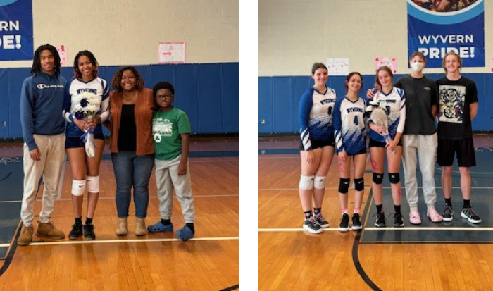 Second year players from the Women's Volleyball team Armoni Allred (left) and Ava Lausten with their supporters. Second year players from the Women's Volleyball team Armoni Allred (left) and Ava Lausten with their supporters.