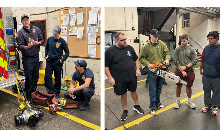 QCC students learn about equipment used in fire safety. QCC students learn about equipment used in fire safety.