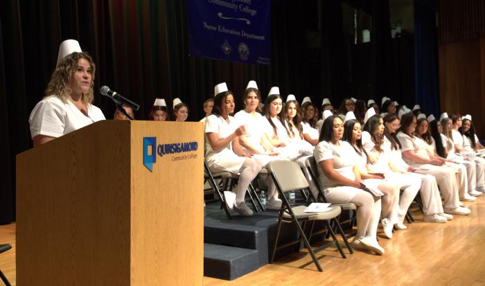 Class president of the Day Nurse Education Program Priscilla Araujo speaks during December's pinning ceremony Class president of the Day Nurse Education Program Priscilla Araujo speaks during December's pinning ceremony