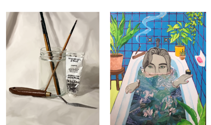 "My Art Supplies: A Still Life" by Sylvia Rodrigues (left) and "REFLECT" by Ciara Paper "My Art Supplies: A Still Life" by Sylvia Rodrigues (left) and "REFLECT" by Ciara Paper