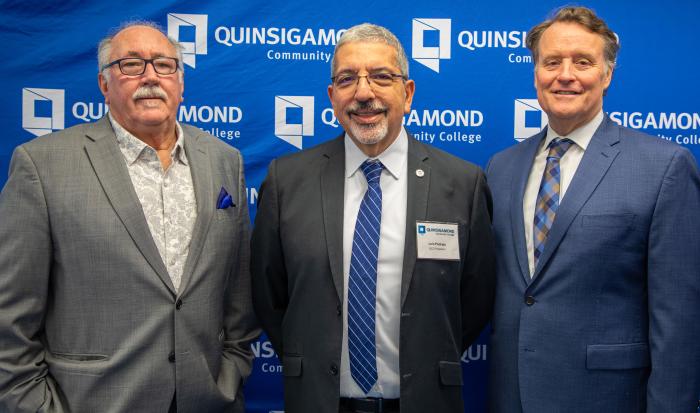 (From left) Representative and QCC alum Jim O'Day, QCC President Dr. Luis Pedraja and Senator and QCC alum Michael Moore (From left) Representative and QCC alum Jim O'Day, QCC President Dr. Luis Pedraja and Senator and QCC alum Michael Moore