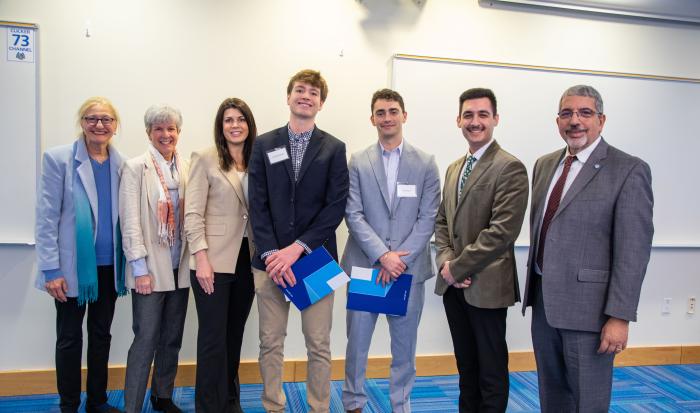 (From left) QCC Board of Trustees President Dr. Linda Maykel, VP of Academic Affairs Dr. Kathy Rentsch, VP of Special Projects for Rucker Investments and Co-Founder of Auxilium Stephanie Ramey, QCC student Noah MacDonald, Co-Founder of Auxilium Jacob Rucker, QCC Foundation President Jorgo Gushi and QCC President Dr. Luis Pedraja (From left) QCC Board of Trustees President Dr. Linda Maykel, VP of Academic Affairs Dr. Kathy Rentsch, VP of Special Projects for Rucker Investments and Co-Founder of Auxilium Stephanie Ramey, QCC student Noah MacDonald, Co-Founder of Auxilium Jacob Rucker, QCC Foundation President Jorgo Gushi and QCC President Dr. Luis Pedraja
