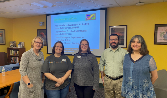 (From left) Director of Student Accessibility Services (SAS) Kristie Proctor, SAS Coordinator Cass Estey, SAS Coordinator Taylor Rohena, Jr. Systems Programmer Sam Sauvageau and Director of Testing Laura Tino (From left) Director of Student Accessibility Services (SAS) Kristie Proctor, SAS Coordinator Cass Estey, SAS Coordinator Taylor Rohena, Jr. Systems Programmer Sam Sauvageau and Director of Testing Laura Tino