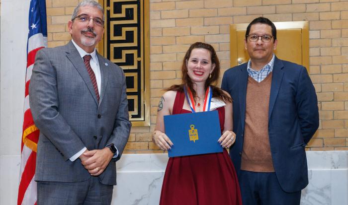(From left) QCC President Dr. Luis Pedraja, student Deanna Kelsaw, and Massachusetts Commissioner of Higher Education Dr. Noe Ortega (From left) QCC President Dr. Luis Pedraja, student Deanna Kelsaw, and Massachusetts Commissioner of Higher Education Dr. Noe Ortega