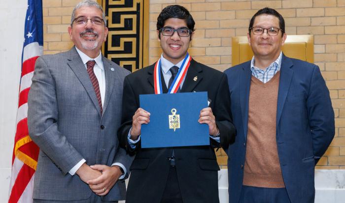 (From left) QCC President Dr. Luis Pedraja, student Vijay Kesavan, and Massachusetts Commissioner of Higher Education Dr. Noe Ortega (From left) QCC President Dr. Luis Pedraja, student Vijay Kesavan, and Massachusetts Commissioner of Higher Education Dr. Noe Ortega
