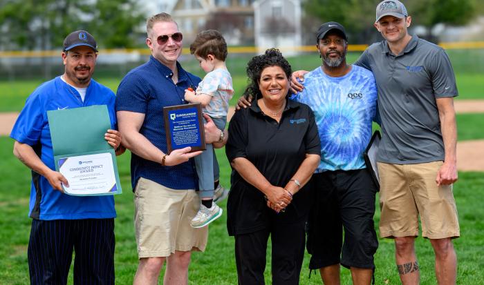 (From left) Men’s Head Baseball Coach Corey Coleman, President of the Worcester Bravehearts Matt Vaccaro with son Luca, Director of Athletics & Fitness Center Lisa Gurnick, Director of Community Engagement Sean Harris and Assistant Director of Athletics & Fitness Center Josh Cole. (From left) Men’s Head Baseball Coach Corey Coleman, President of the Worcester Bravehearts Matt Vaccaro with son Luca, Director of Athletics & Fitness Center Lisa Gurnick, Director of Community Engagement Sean Harris and Assistant Director of Athletics & Fitness Center Josh Cole.