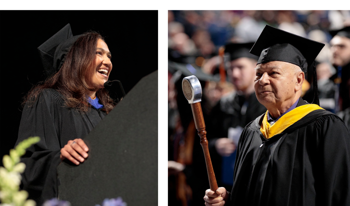 Professor of Environmental/Physical Science Anita Soracco (left) gave the faculty remarks and Professor of Engineering & Sciences Dadbeh Bigonahy served as marshal.
