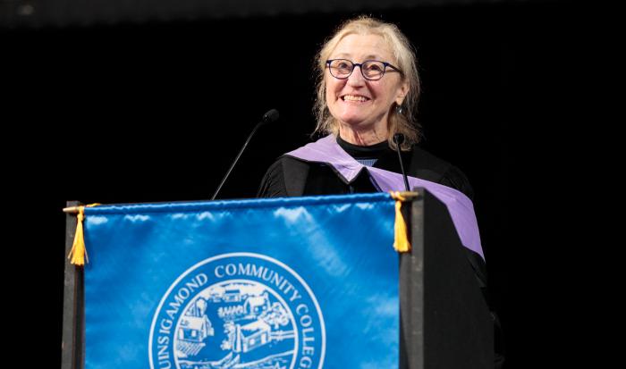 Board of Trustees Chair Dr. Linda Maykel at QCC's commencement ceremony.